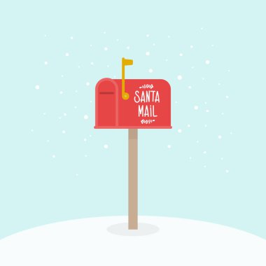 Açık hava Noel posta kutusu. Noel Baba postası. Posta kutusu bayrağı göndere çekildi. Vektör illüstrasyonu, düz tasarım