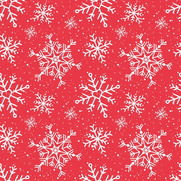 Kar taneleriyle kusursuz desen. Kış ilham. Noel sezonu. Tebrik kartı, afiş, web, hatıra defteri. Beyaz ve kırmızı arka plan. Vektör illüstrasyonu, düz tasarım
