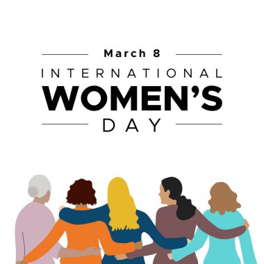 Uluslararası Kadınlar Günü. 8 Mart. Farklı yaşlarda beş kadından oluşan bir grup. İnsan hakları, eşitlik kavramı. Kare biçiminde. Vektör illüstrasyonu, düz tasarım