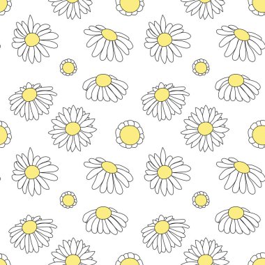 Kusursuz desenli çiçek deseni. Bahar çiçekleriyle yazdır. Klasik papatyalar, beyaz ve soluk sarı. Beyaz arka plan. Vektör illüstrasyonu, düz tasarım