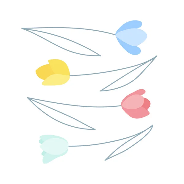Fyra Flerfärgade Tulpaner Pastellfärger Handritad Stil Blommig Vårinspiration Vektorillustration Platt — Stock vektor