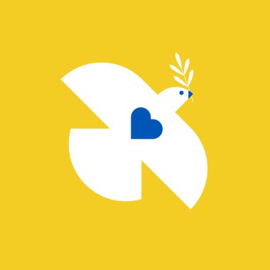 Ukrayna için barış. Sarı arka planda zeytin dallarıyla uçan beyaz güvercin. Mavi kalp şeklinde. Barış sembolü. Vektör illüstrasyonu, düz tasarım