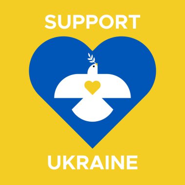 Ukrayna 'yı destekleyin. Mavi ve sarı arka planda zeytin dallarıyla uçan beyaz güvercin. Barış sembolü. Vektör illüstrasyonu, düz tasarım