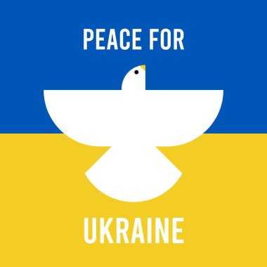 Ukrayna için barış. Mavi ve sarı arka planda uçan beyaz güvercin. Barış sembolü. Vektör illüstrasyonu, düz tasarım