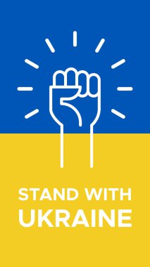Ukrayna 'nın yanında dur. Yumruğunu kaldır. Protesto, işbirliği, destek kavramı. Dikey format. Vektör illüstrasyonu, düz tasarım