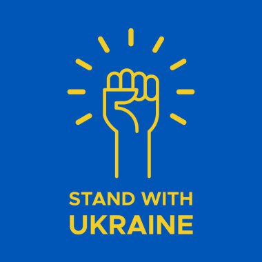 Ukrayna 'nın yanında dur. Yumruğunu kaldır. Protesto, işbirliği, destek kavramı. Kare biçiminde. Vektör illüstrasyonu, düz tasarım
