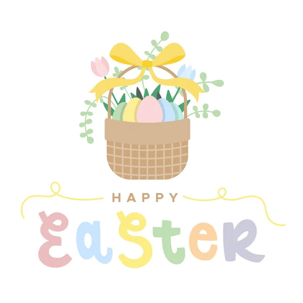 Frohe Ostern Weidenkorb Mit Ostereiern Blumen Und Pflanzen Osterschriftzug Pastellfarben — Stockvektor