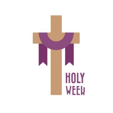 Christian cross with purple fabric. Holy Week. Vector illustration, flat design clipart