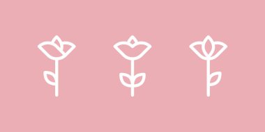 Geometrik çiçekler ikon setini şekillendirir. Minimalist çiçek sembolleri. Beyaz taslak. Pembe arka plan. Vektör illüstrasyonu, düz tasarım