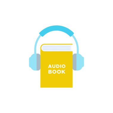 Audiobook renkli simge. Kitap ve kulaklık sembolü. Vektör illüstrasyonu, düz tasarım