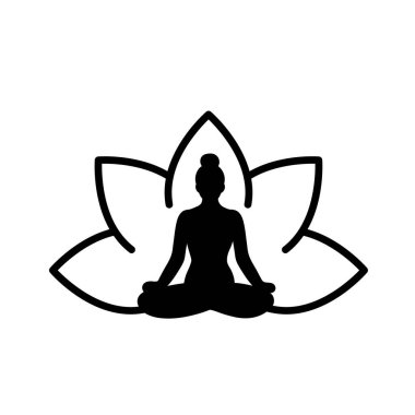 Lotus çiçeğinin içindeki kadın silueti. Yoga nilüfer pozisyonu. Siyah renk. Vektör illüstrasyonu, düz tasarım