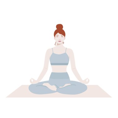 Lotus pozisyonunda gözleri kapalı bir kadın. Meditasyon yapan bir kız. Yoga, sakinlik ve konsantrasyon kavramı. Vektör illüstrasyonu, düz tasarım