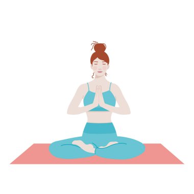 Gözleri kapalı ve elleri birarada olan bir kadın. Meditasyon yapan bir kız. Yoga pozu. Yoga, sakinlik ve konsantrasyon kavramı. Vektör illüstrasyonu, düz tasarım