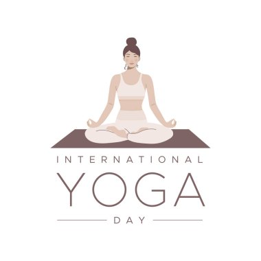 Uluslararası Yoga Günü. Lotus pozisyonunda gözleri kapalı bir kadın. Denge, sakinlik ve meditasyon kavramı. Vektör illüstrasyonu, düz tasarım