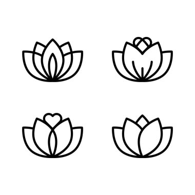 Lotus çiçeği ikonu seti. Siyah ana hatlı semboller. Meditasyon kavramı, doğa, fiziksel ve zihinsel sağlık. Vektör illüstrasyonu, düz tasarım