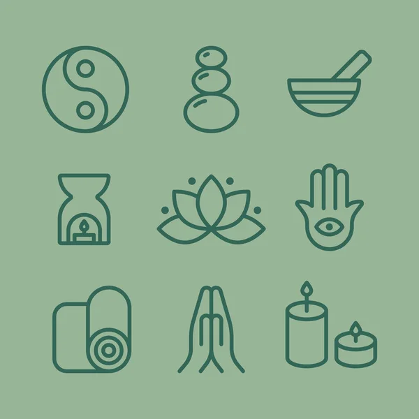 Set Icone Meditazione Simboli Contorno Verdi Concetto Zen Calma Yoga — Vettoriale Stock