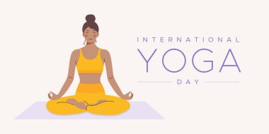 Uluslararası Yoga Günü. Lotus pozisyonunda gözleri kapalı bir kadın. Denge, sakinlik ve meditasyon kavramı. Yatay format. Vektör illüstrasyonu, düz tasarım