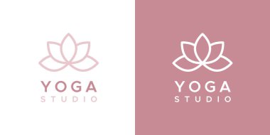 Yoga stüdyosu logosu. Çiçeklerin ana hatları. Şirket markası, ambalaj, ürün için. Logotype 'un iki versiyonu var: renk ve beyaz. Vektör illüstrasyonu, düz tasarım