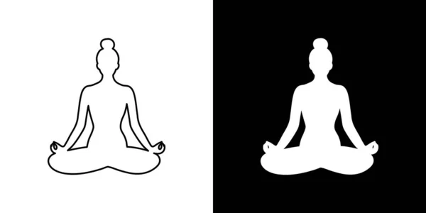 Icona Donna Posizione Loto Yoga Simbolo Due Versioni Contorno Nero — Vettoriale Stock