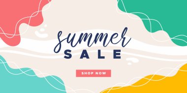 Summer sale colorful banner. Abstract organic wavy shapes background. For newsletter, web header, social media post, promotional banner, advertising and identity. Vector illustration, flat design