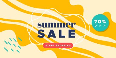 Yaz indirimi renkli afiş. Soyut organik dalgalı arka plan. % 70 indirimli. Haber bülteni, web başlığı, sosyal medya paylaşımı, tanıtım afişi, reklam ve kimlik için. Vektör illüstrasyonu, düz de