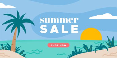 Summer sale beach landscape banner. Seascape with palm and plants. For newsletter, web header, social media post, promotional banner, advertising and identity. Vector illustration, flat design