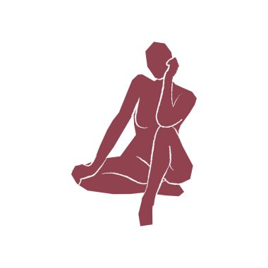 Abstract woman sitting pose on white background. Hand drawn burgundy silhouette. For home decoration, card, social media post, poster. Vector illustration, flat design