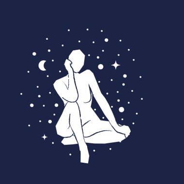 Abstract woman sitting pose on starred dark blue sky background. Hand drawn white silhouette. Concept of astrology, fantasy, esoteric. Vector illustration, flat design