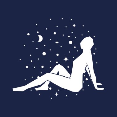 Abstract woman sitting pose on starred dark blue sky background. Hand drawn white silhouette. Concept of astrology, fantasy, esoteric. Vector illustration, flat design