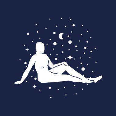 Abstract woman sitting pose on starred dark blue sky background. Hand drawn white silhouette. Concept of astrology, fantasy, esoteric. Vector illustration, flat design