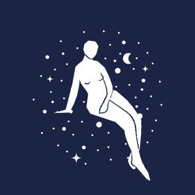 Abstract woman sitting pose on starred dark blue sky background. Hand drawn white silhouette. Concept of astrology, fantasy, esoteric. Vector illustration, flat design