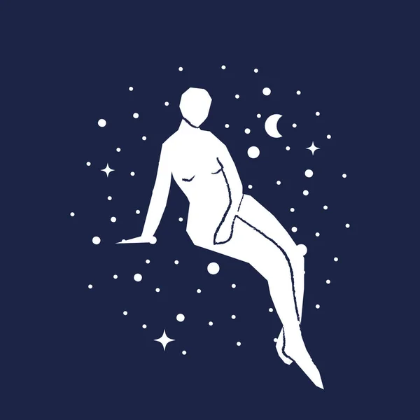 Αφηρημένη Γυναίκα Κάθεται Θέτουν Αστέρι Σκούρο Μπλε Φόντο Του Ουρανού — Διανυσματικό Αρχείο