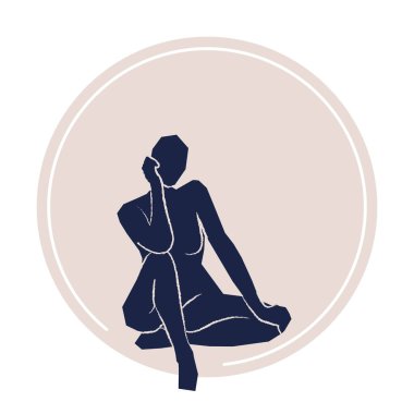 Abstract woman sitting pose on beige label circle. Hand drawn dark blue silhouette. For packaging, card, social media, poster, print. Vector illustration, flat design