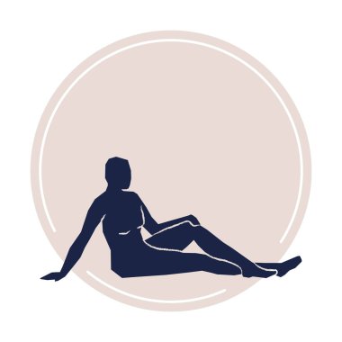 Abstract woman sitting pose on beige label circle. Hand drawn dark blue silhouette. For packaging, card, social media, poster, print. Vector illustration, flat design