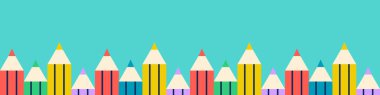 Welcome back to school horizontal banner. Colorful wooden pencils on turquoise background. Concept of education. Vector illustration, flat design
