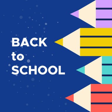 Back to school square banner. Colorful wooden pencils on dark blue background. Concept of education. Vector illustration, flat design
