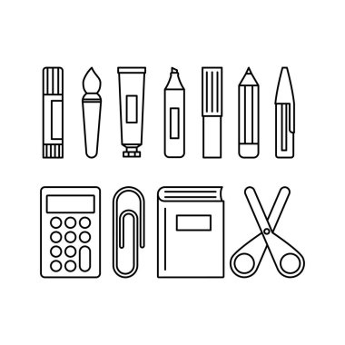 School supplies icon set. Black outline office pictograms collection. Back to school inspiration. Concept of education. Vector illustration, flat design