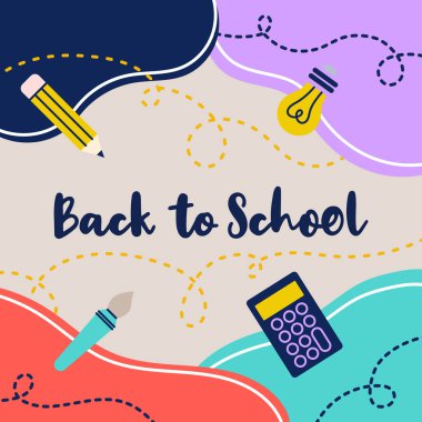 Back to school square banner. School supplies stationery icons. Funny colorful organic shapes background. Concept of education. Vector illustration, flat design