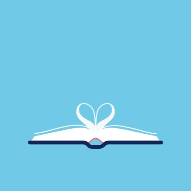 Kalp şeklinde orta sayfaları olan açık bir kitap. Kitap aşığı kavramı, bilgi, edebiyat tutkusu, okuma aşkı. Mavi arka plan. Vektör illüstrasyonu, düz tasarım