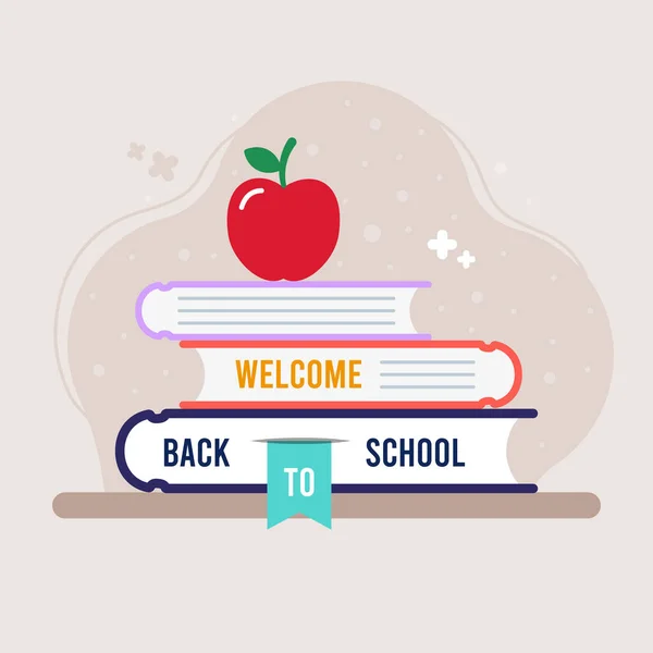Welcome Back School Square Banner Red Apple Top Stack School — Stockvektor