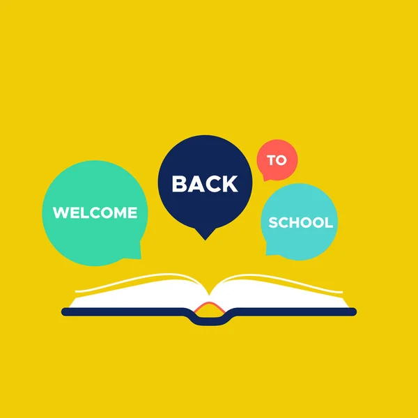 Welcome Back School Square Banner Open Book Text Speech Bubbles — Stock vektor