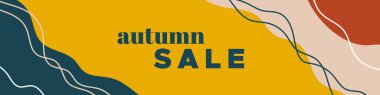 Sonbahar indirimi renkli afiş. Soyut organik dalgalı arka plan. Haber bülteni, web başlığı, sosyal medya paylaşımı, tanıtım afişi, reklam ve kimlik için. Vektör illüstrasyonu, düz tasarım