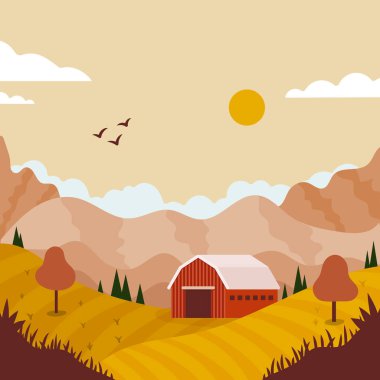 Sonbahar kırsal arazisi. Dağlar ve tarlalar arasında, ahşap bir ahır. Bukolik altın ışık. Vektör illüstrasyonu, düz tasarım