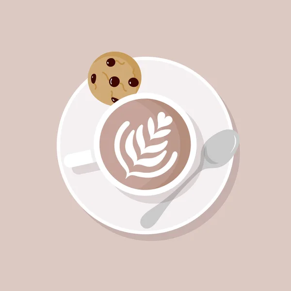 Latte Art Top View Cup Coffee Milk Plate Teaspoon Chocolate — Stock Vector