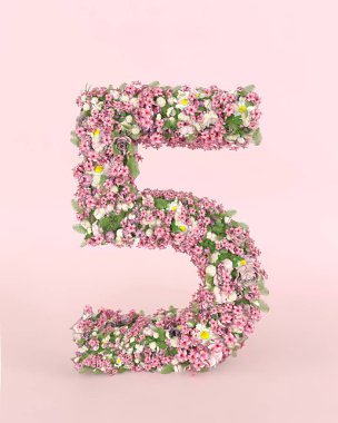Taze bahar düğün çiçeklerinden yapılmış 5 numaralı yaratıcı konsept. Pastel pembe arkaplanda çiçek yazı tipi kavramı.