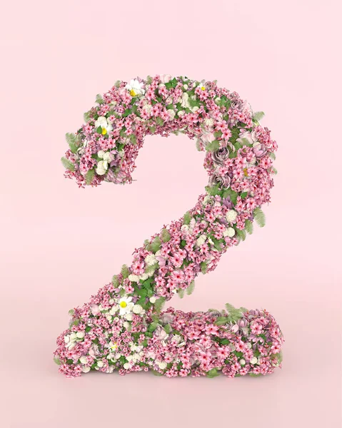 Taze bahar düğün çiçeklerinden oluşan yaratıcı 2 numaralı konsept. Pastel pembe arkaplanda çiçek yazı tipi kavramı.