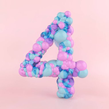 Renkli pastel balonlardan yapılmış 4 numaralı yaratıcı kavram. Pastel pembe arka planda balon yazı tipi kavramı.