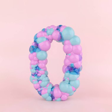 Renkli pastel balonlardan yapılmış sıfır numaralı yaratıcı kavram. Pastel pembe arka planda balon yazı tipi kavramı.