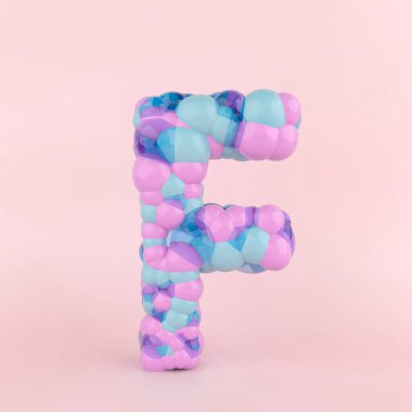 Renkli pastel balonlardan oluşan yaratıcı F harfi konsepti. Pastel pembe arka planda balon yazı tipi kavramı. 3B Görüntü.
