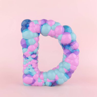 Renkli pastel balonlardan yapılmış yaratıcı D harfi konsepti. Pastel pembe arka planda balon yazı tipi kavramı. 3B Görüntü.